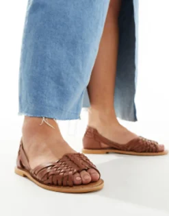 Flat Sandals*DESIGN Wide Fit Francis Leather Woven Flat Sandals In Tan