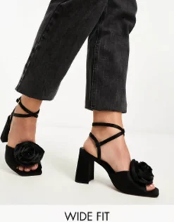 Sandals*DESIGN Wide Fit Heather Corsage Mid Heeled Sandals In Black Black Satin