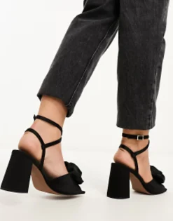 Sandals*DESIGN Wide Fit Heather Corsage Mid Heeled Sandals In Black Black Satin