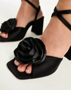 Sandals*DESIGN Wide Fit Heather Corsage Mid Heeled Sandals In Black Black Satin