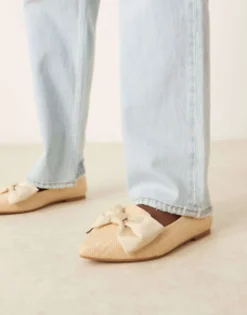 Flat Shoes*DESIGN Wide Fit Lake Bow Pointed Ballet Flats In Natural Raffia