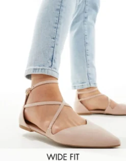 Flat Shoes*DESIGN Wide Fit Larna Pointed Ballet Flats In Beige