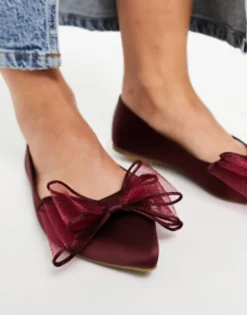 Flat Shoes*DESIGN Wide Fit Lila Bow Ballet In Burgandy