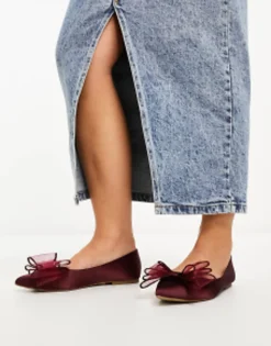 Flat Shoes*DESIGN Wide Fit Lila Bow Ballet In Burgandy