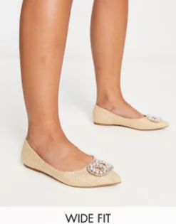 Flat Shoes*DESIGN Wide Fit Lola Faux Pearl Pointed Ballet Flats In Natural Natural Fabrication