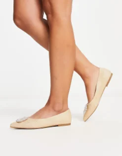 Flat Shoes*DESIGN Wide Fit Lola Faux Pearl Pointed Ballet Flats In Natural Natural Fabrication