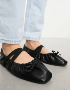 Flat Shoes*DESIGN Wide Fit Los Angeles Ruched Ballet With Elastic Strap In Matte Black