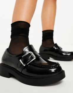 Loafers*DESIGN Wide Fit Magnolia Side Buckle Loafer In Black