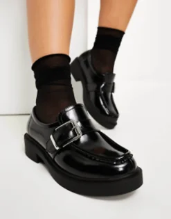 Loafers*DESIGN Wide Fit Magnolia Side Buckle Loafer In Black