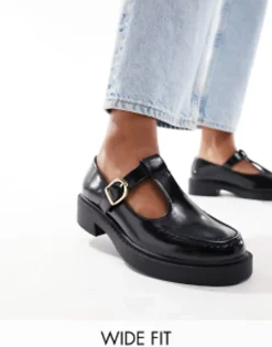 Flat Shoes*DESIGN Wide Fit Margo Mary Jane Flat Shoes In Black