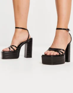 Sandals*DESIGN Wide Fit Nate Platform Heeled Sandals In Black Black Croc
