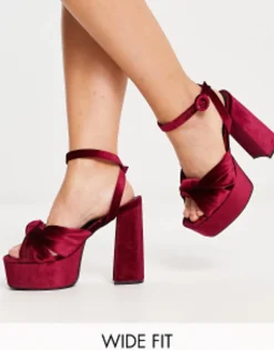 Sandals*DESIGN Wide Fit Natia Knotted Platform Heeled Sandals In Burgundy Burgundy Velvet
