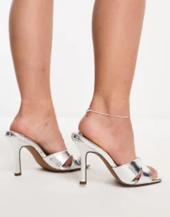 Sandals*DESIGN Wide Fit Nichols High Heeled Mules In Silver