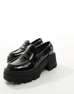 Loafers*DESIGN Wide Fit Script Chunky Mid Heeled Loafers In Black Patent