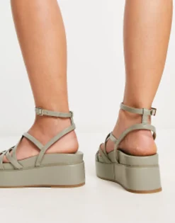Flat Sandals*DESIGN Wide Fit Taurus Strappy Flatform Sandals In Sage Green