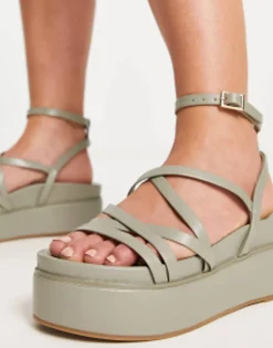 Flat Sandals*DESIGN Wide Fit Taurus Strappy Flatform Sandals In Sage Green