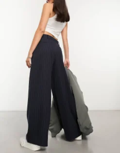 Trousers & Leggings*DESIGN Wide Leg Dad Trouser In Navy Pinstripe