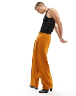 Trousers & Chinos*DESIGN Wide Leg Smart Trousers In With Front Pockets Burnt Orange