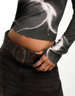 Belts*DESIGN Wide Low Waist Jeans Eyelet Belt Dark Brown
