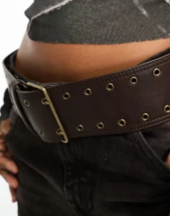 Belts*DESIGN Wide Low Waist Jeans Eyelet Belt Dark Brown