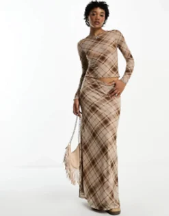 Skirts*Emory Park Checked Mesh Maxi Column Skirt In Brown Brown Check