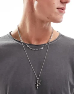 Gifts*FADED FUTURE Layered Necklace With Cherub Pendant In Silver