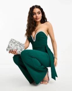 Petite*Forever New Petite Embellished Bandeau Jumpsuit In Emerald Emerald Green