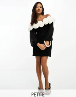 Petite*Forever New Petite Rosette Mini Dress With Sheer Sleeves In Monochrome Black/White