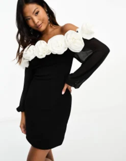 Petite*Forever New Petite Rosette Mini Dress With Sheer Sleeves In Monochrome Black/White