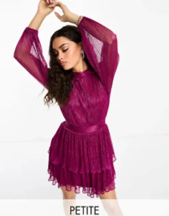 Petite*Forever New Petite Tiered Metallic Plisse Mini Dress In Pink