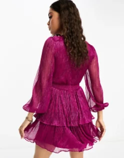 Petite*Forever New Petite Tiered Metallic Plisse Mini Dress In Pink
