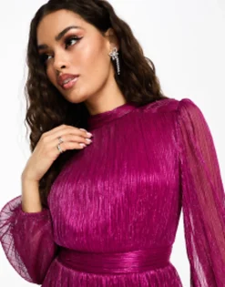Petite*Forever New Petite Tiered Metallic Plisse Mini Dress In Pink