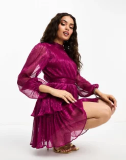 Petite*Forever New Petite Tiered Metallic Plisse Mini Dress In Pink
