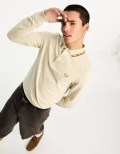 Polo Shirts*Fred Perry Twin Tipped Long Sleeve Polo Shirt In Oatmeal Beige