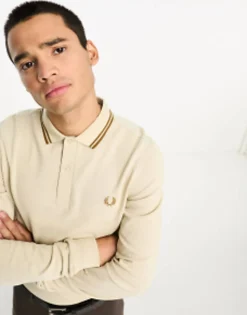 Polo Shirts*Fred Perry Twin Tipped Long Sleeve Polo Shirt In Oatmeal Beige