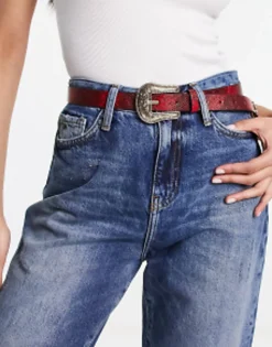 Belts*Glamorous Western Buckle Detail Belt In Dark Red Burgundy
