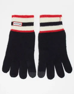 Gloves*Hunter Logo Knitted Gloves In Black With Stripe Red
