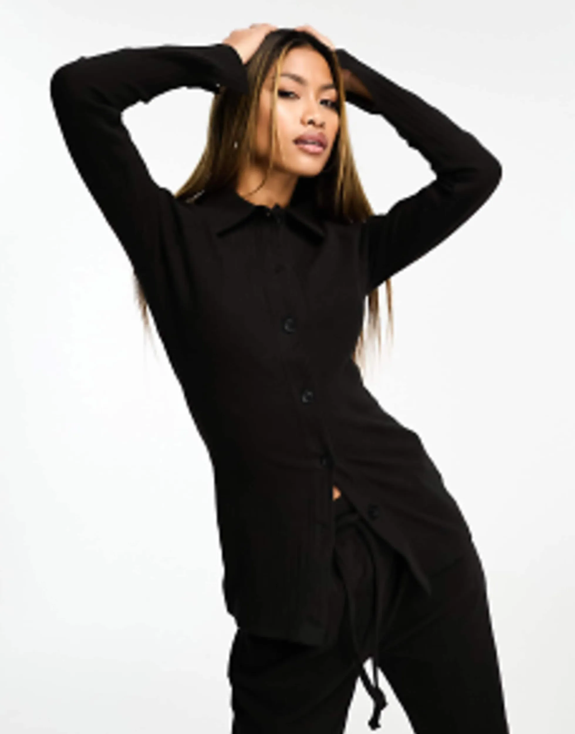 Shirts*In The Style Ribbed Button Through Shirt And Wide Leg Trouser Co-Ord In Black
