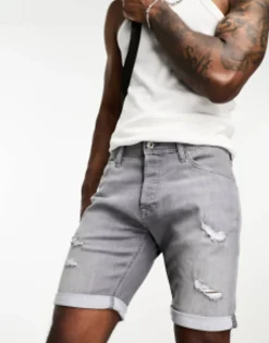 Shorts*Jack & Jones Intelligence Denim Shorts In Slim Fit With Rips In Grey Grey Denim