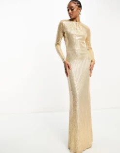 Tall*Jaded Rose Tall Long Sleeve Sequin Maxi Dress In Gold