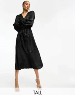 Tall*JDY Tall Puff Sleeve Wrap Jacquard Midi Dress In Zebra Black