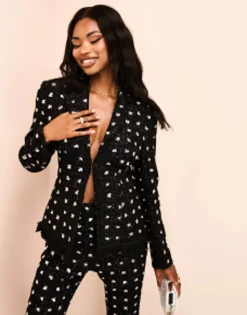 Suits & Tailoring*LUXE Embellished Boucle Blazer And Trouser With Faux Feather Hem Black & Si