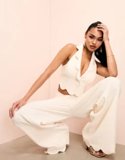 Suits & Tailoring*Luxe Scallop Hem Tailored Waistcoat And Wide Leg Trousers In Cream