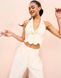 Suits & Tailoring*Luxe Scallop Hem Tailored Waistcoat And Wide Leg Trousers In Cream