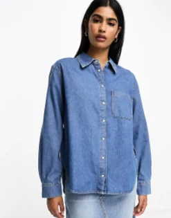 Shirts*Mango Denim Collared Long Sleeve Shirt In Mid Blue