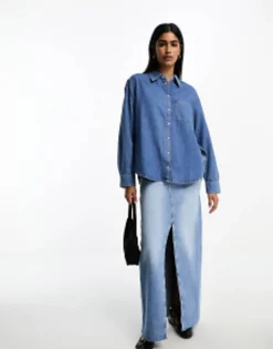 Shirts*Mango Denim Collared Long Sleeve Shirt In Mid Blue