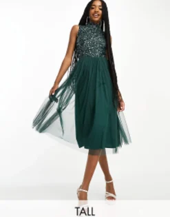 Tall*Maya Tall Bridesmaid High Neck Delicate Sequin Midi Dress In Emerald Emerald Green