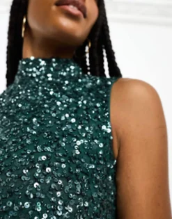 Tall*Maya Tall Bridesmaid High Neck Delicate Sequin Midi Dress In Emerald Emerald Green