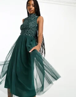 Tall*Maya Tall Bridesmaid High Neck Delicate Sequin Midi Dress In Emerald Emerald Green
