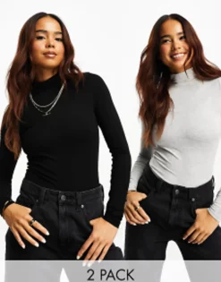 Multipacks*Miss Selfridge Funnel Neck Top Two Pack In Black And Grey Marl
